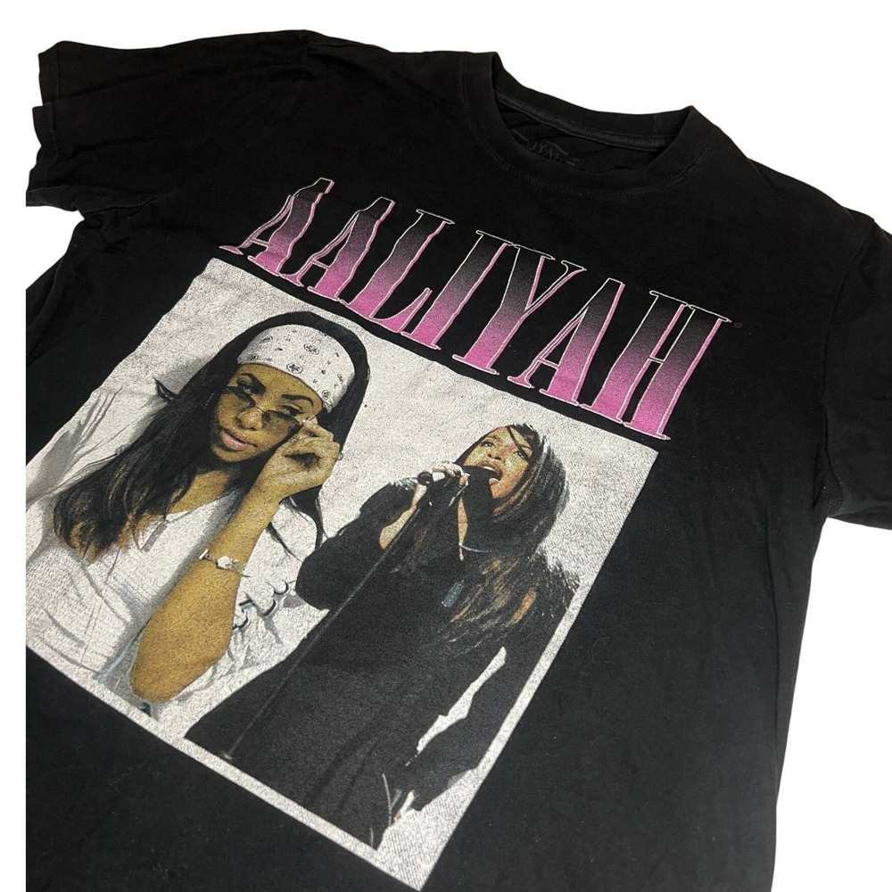 Aaliyah Graphic T-Shirt Mens Medium Black Pink Gradient Logo R&B Hip Hop Tee
